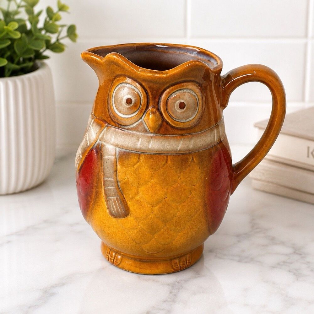 Ceramic Owl Pitcher Jug Brown Amber Fall Autumn Woodland Scarf Kitchen Decor 7"